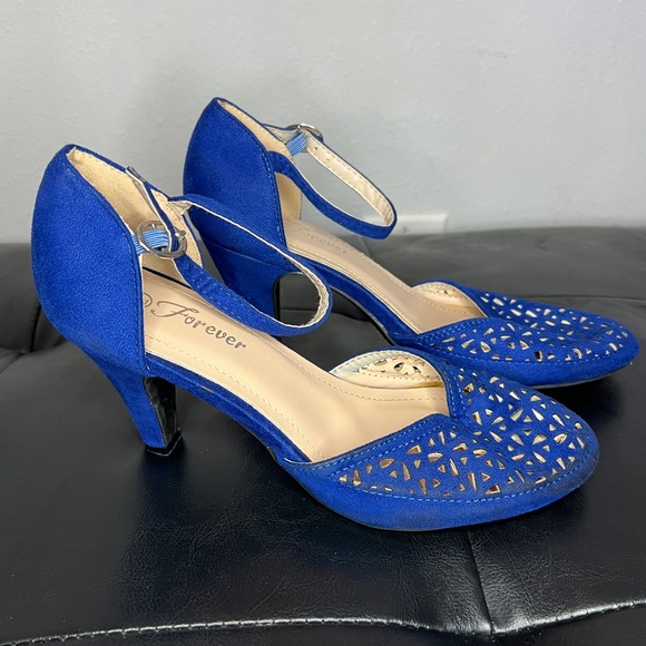 forever Shoes - Forever Royal Blue Laser-Cut Ankle-Strap Mid Heels
